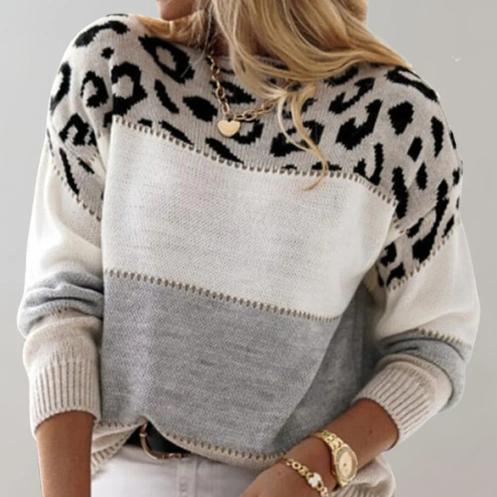 Liona | Women’s Crew Neck Leopard Print Colorblock Sweater