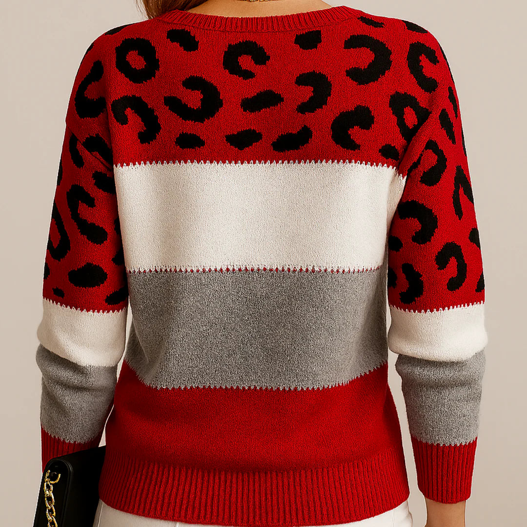 Liona | Women’s Crew Neck Leopard Print Colorblock Sweater