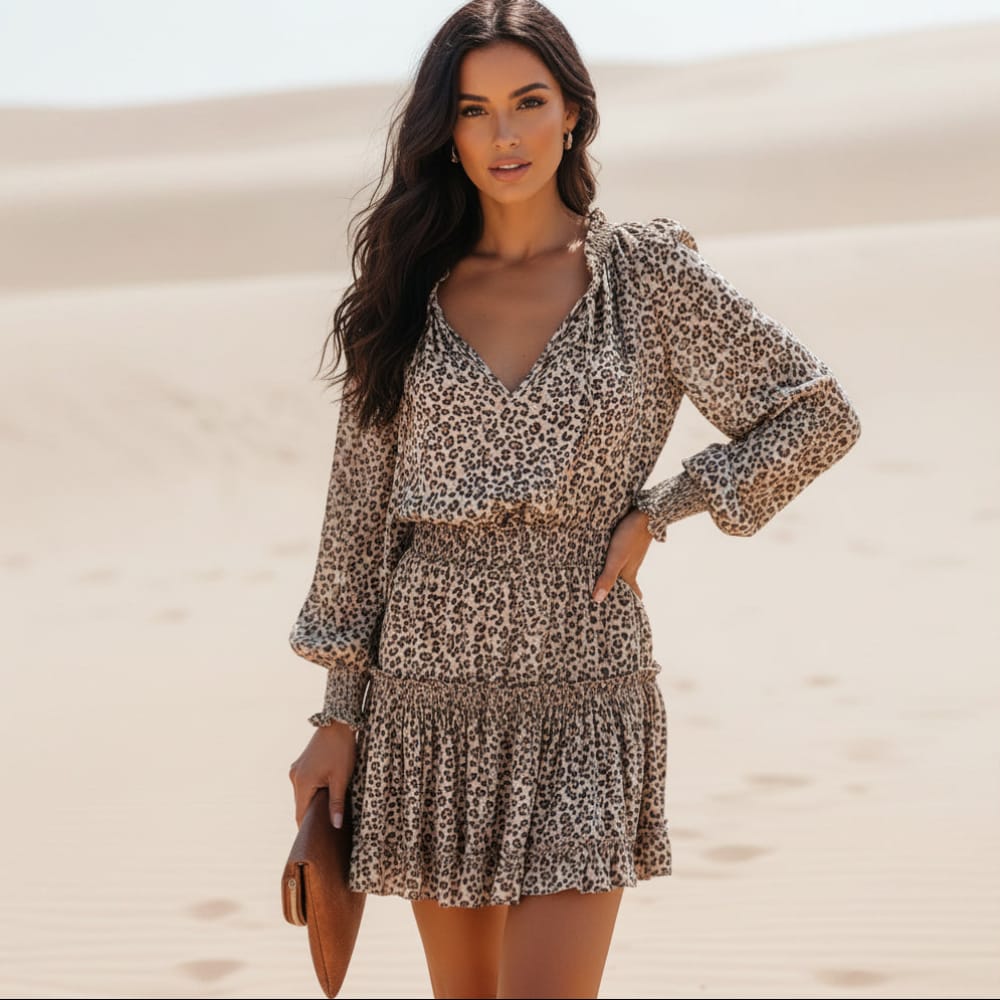 Loretta | Women's Leopard Print V-Neck Long Sleeve Mini Dress