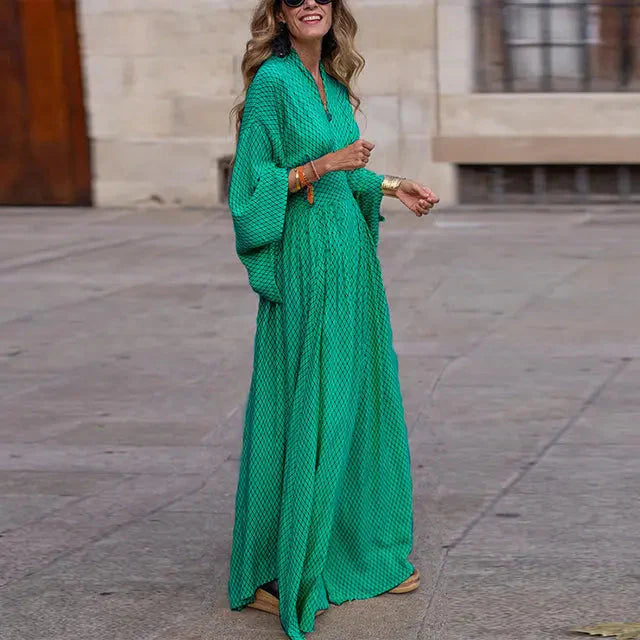 Lousia | Women's Patterned V-Neck Long Sleeve Summer Maxi Dress