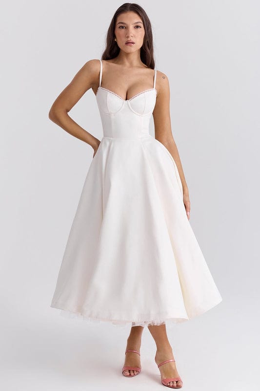 Lucia | Women's Fitted Sweetheart Neck Flowy Midi Dress