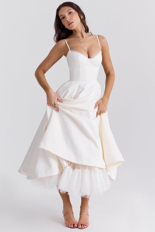 Lucia | Women's Fitted Sweetheart Neck Flowy Midi Dress