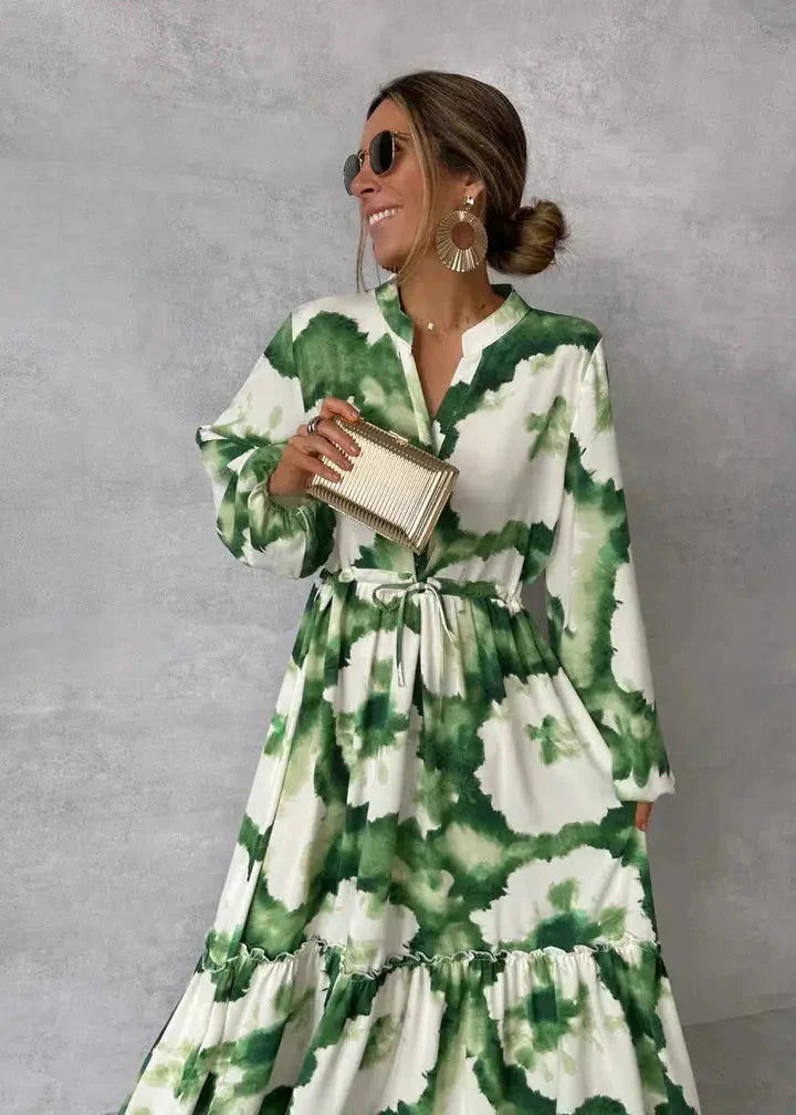 Lucie | Women's Floral Tie-Dye Long Sleeve V Neck Flowy Maxi Dress