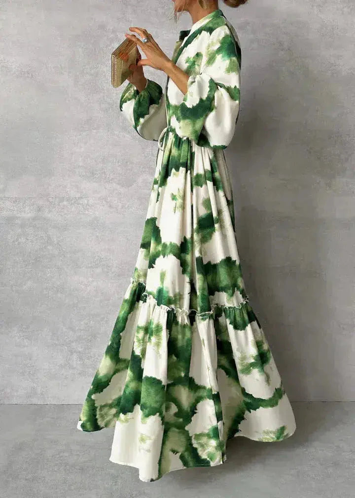 Lucie | Women's Floral Tie-Dye Long Sleeve V Neck Flowy Maxi Dress