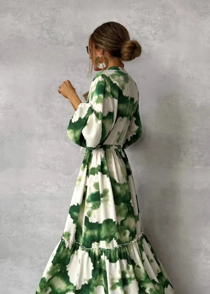 Lucie | Women's Floral Tie-Dye Long Sleeve V Neck Flowy Maxi Dress