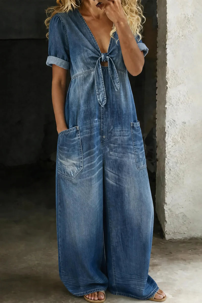 Lyanna | Women's Tie Front Wide Leg Short Sleeve Denim Jumpsuit