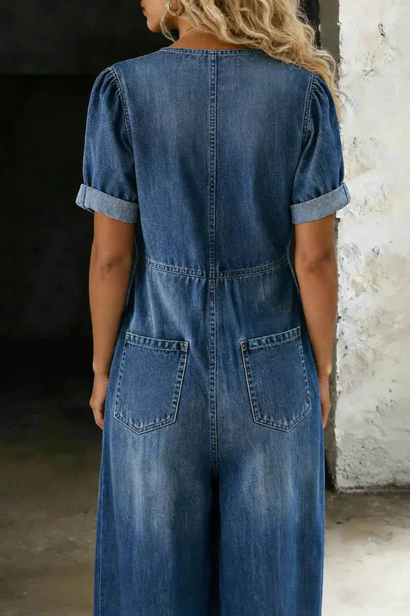 Lyanna | Women's Tie Front Wide Leg Short Sleeve Denim Jumpsuit