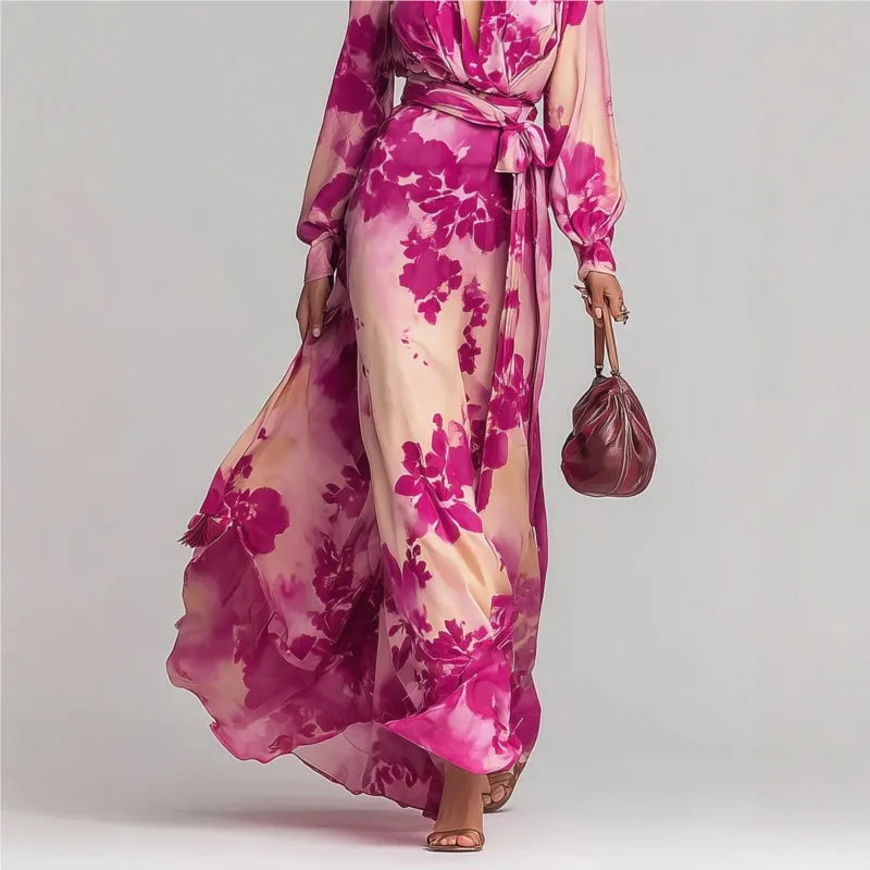 Lynsey | Women's Belted V Neck Long Sleeve Floral Flowy Maxi Dress