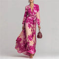 Lynsey | Women's Belted V Neck Long Sleeve Floral Flowy Maxi Dress