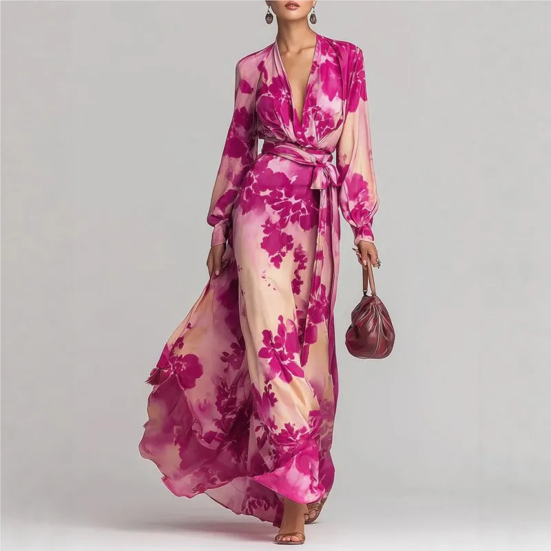 Lynsey | Women's Belted V Neck Long Sleeve Floral Flowy Maxi Dress