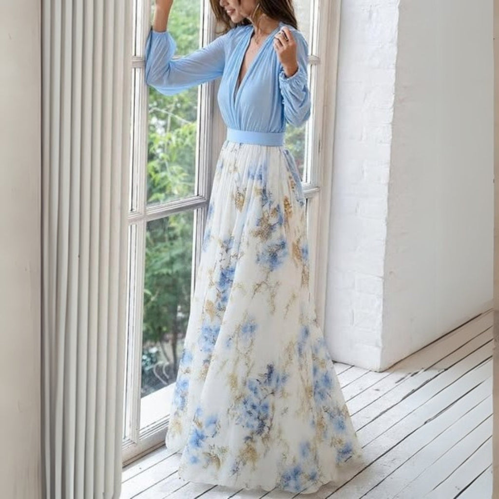 Macy | Women's Long Sleeve Printed V-Neck Maxi Dress