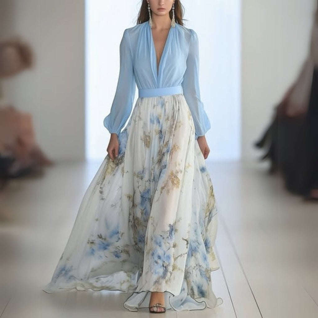 Macy | Women's Long Sleeve Printed V-Neck Maxi Dress