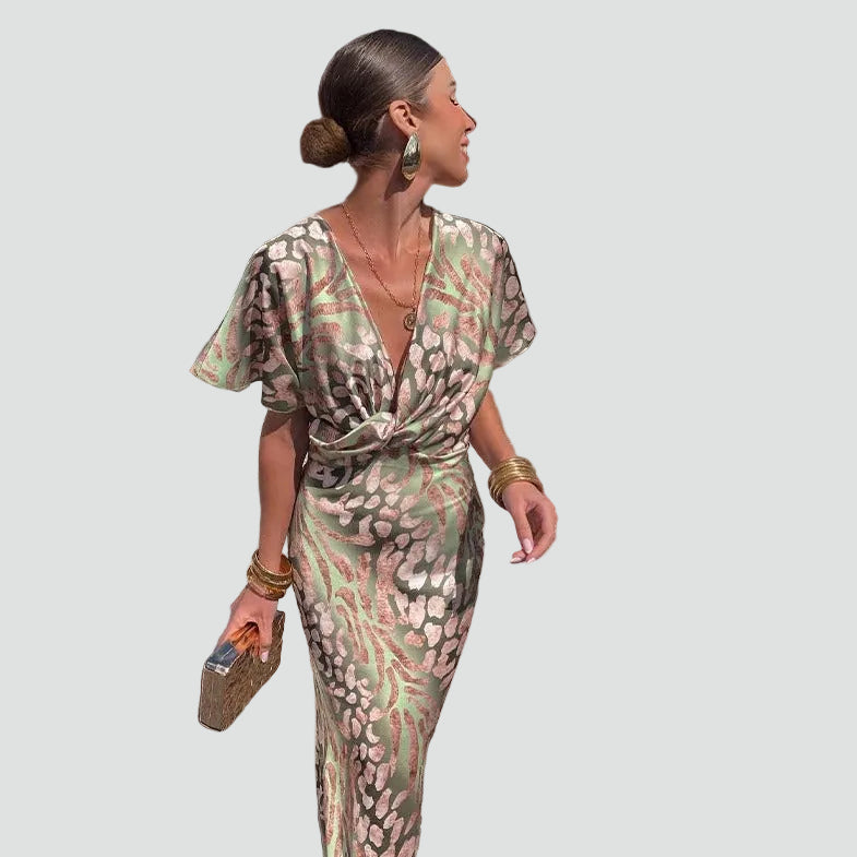 Madelyn | Women’s Printed V Neck Draped Maxi Dress