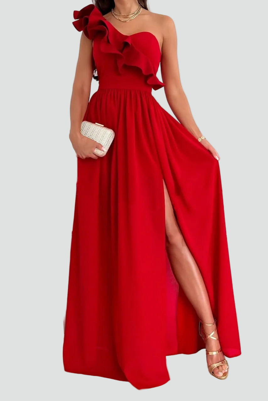 Maeve | Women's Flowy One-Shoulder High Slit Ruffle Maxi Dress