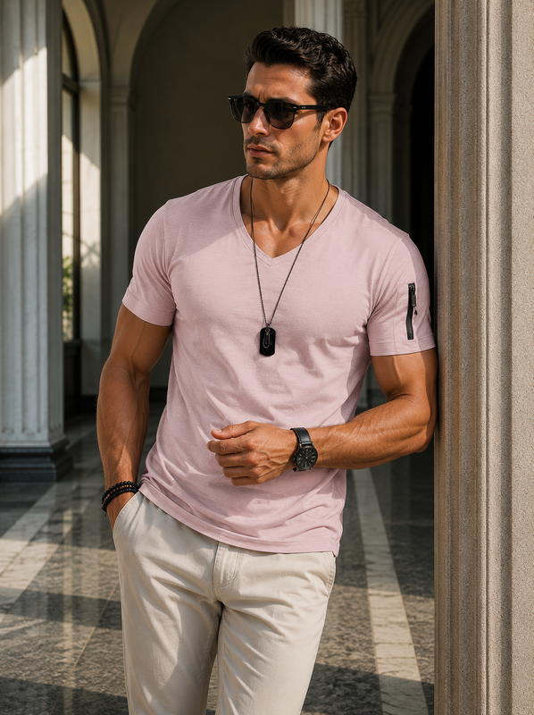 Mario | Men's Slim V-Neck Short Sleeve Zip Pocket T Shirt