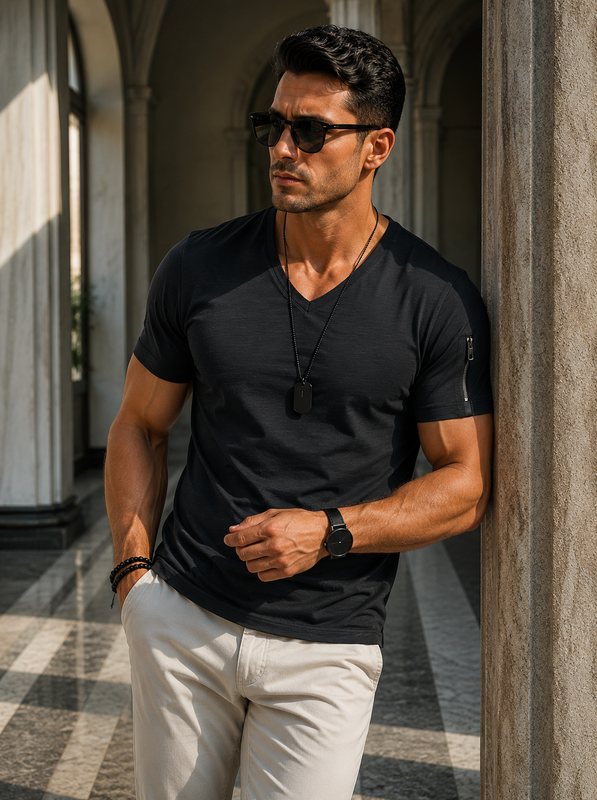 Mario | Men's Slim V-Neck Short Sleeve Zip Pocket T Shirt
