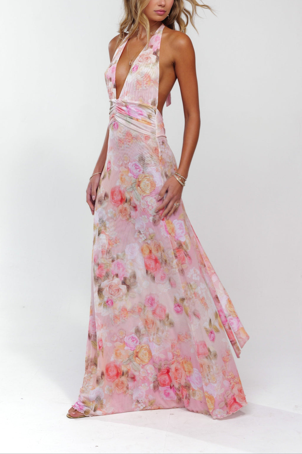 Marjorie | Women's Floral Halter V Neck Backless Maxi Dress