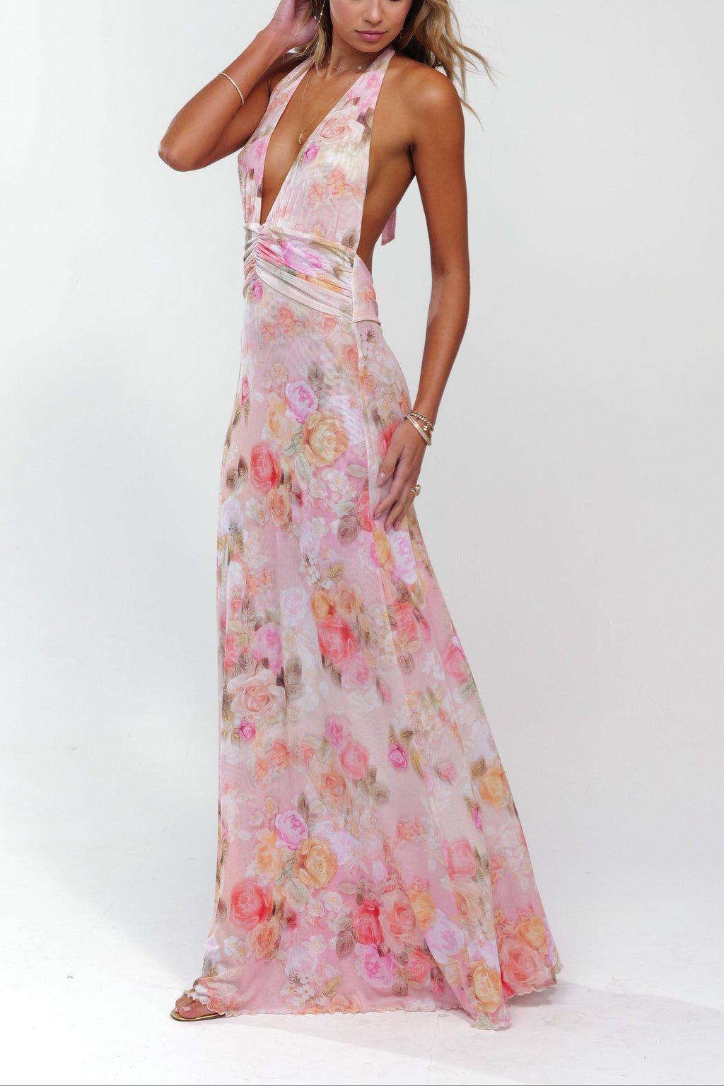 Marjorie | Women's Floral Halter V Neck Backless Maxi Dress
