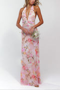 Marjorie | Women's Floral Halter V Neck Backless Maxi Dress