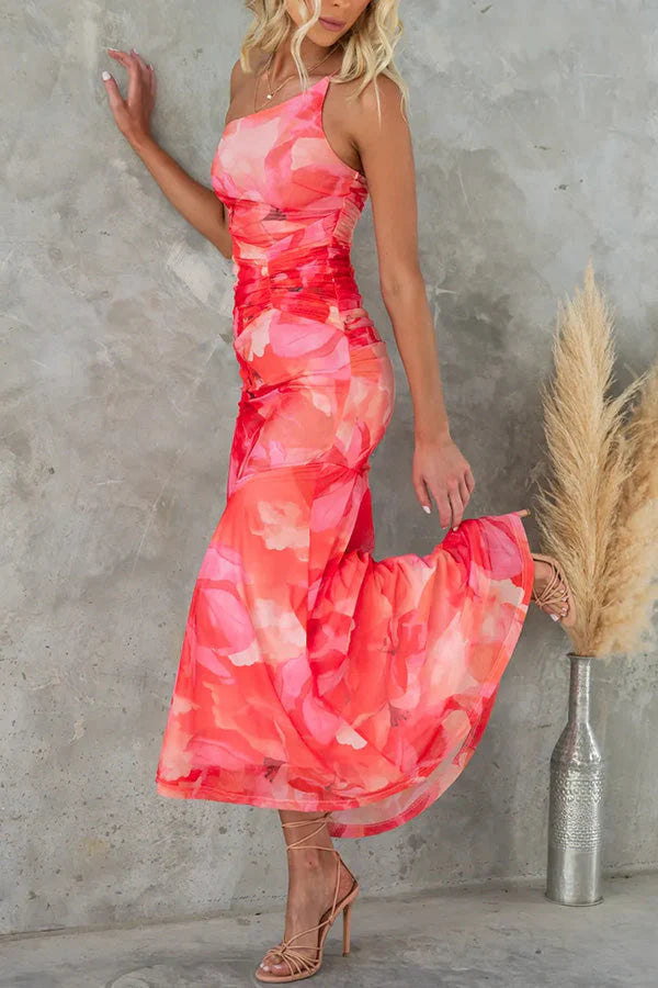 Martha | Women’s Ruched One Shoulder Floral Summer Maxi Dress