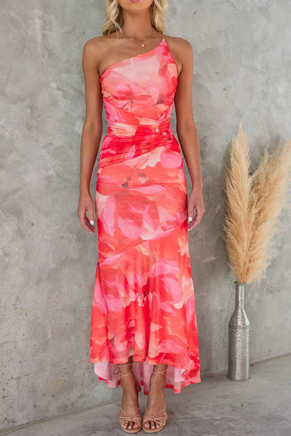 Martha | Women’s Ruched One Shoulder Floral Summer Maxi Dress