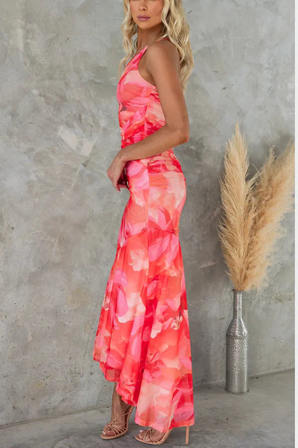 Martha | Women’s Ruched One Shoulder Floral Summer Maxi Dress