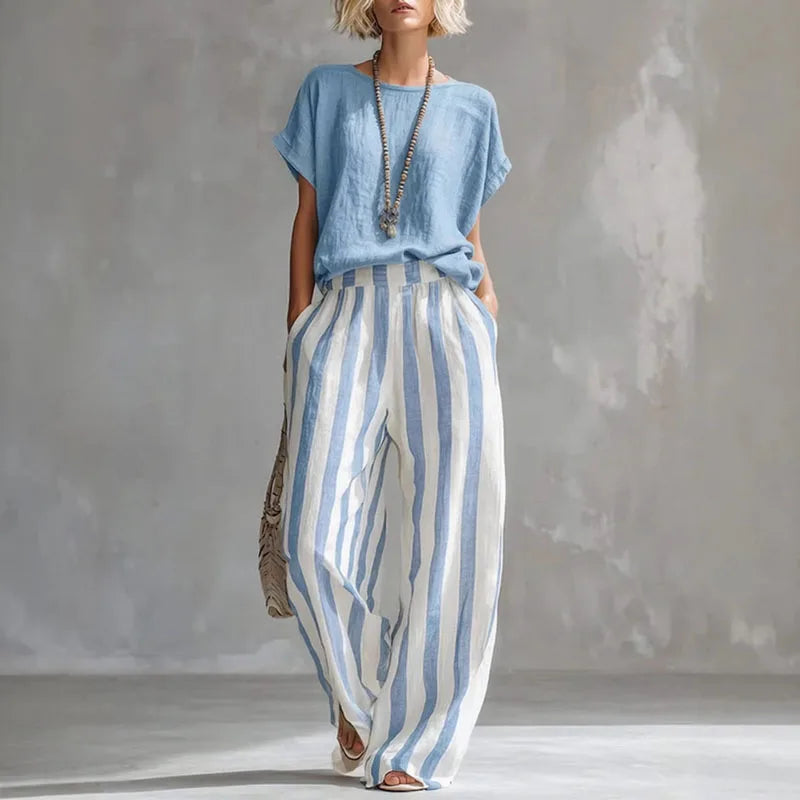 Martina | Women's Flowy Wide Leg Boat Neck Striped Two Piece Set