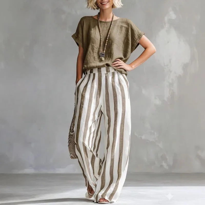 Martina | Women's Flowy Wide Leg Boat Neck Striped Two Piece Set
