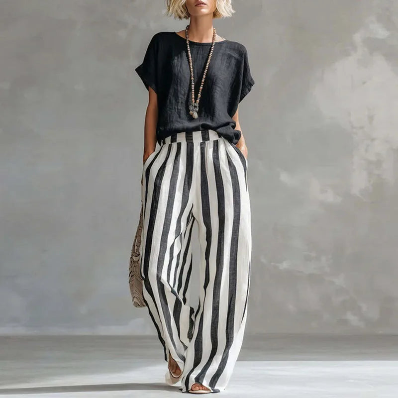 Martina | Women's Flowy Wide Leg Boat Neck Striped Two Piece Set