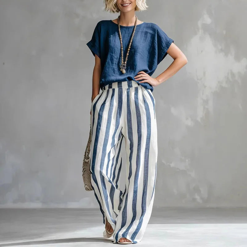 Martina | Women's Flowy Wide Leg Boat Neck Striped Two Piece Set