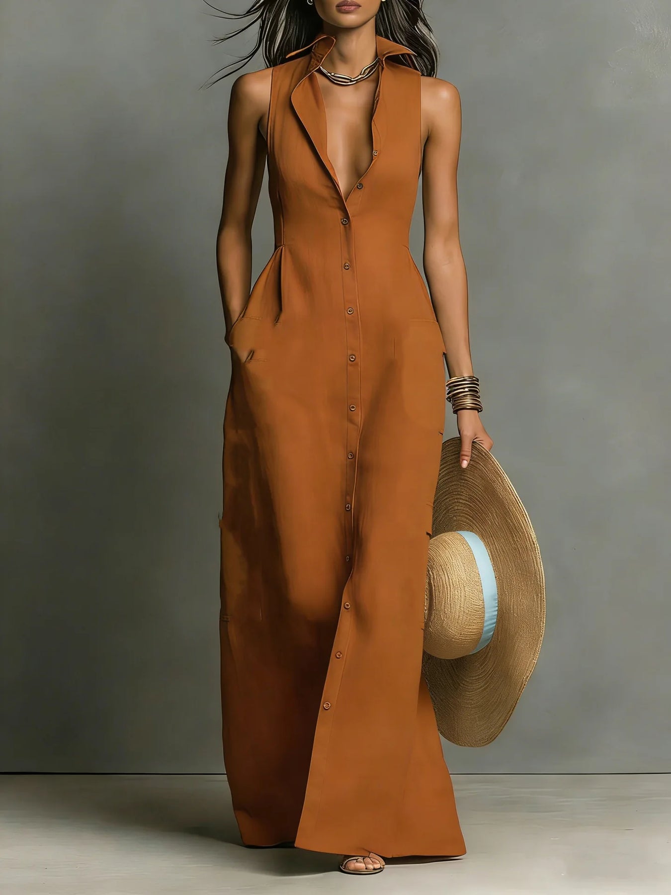 Matilda | Women's Button-Front Sleeveless V Neck Shirt Maxi Dress