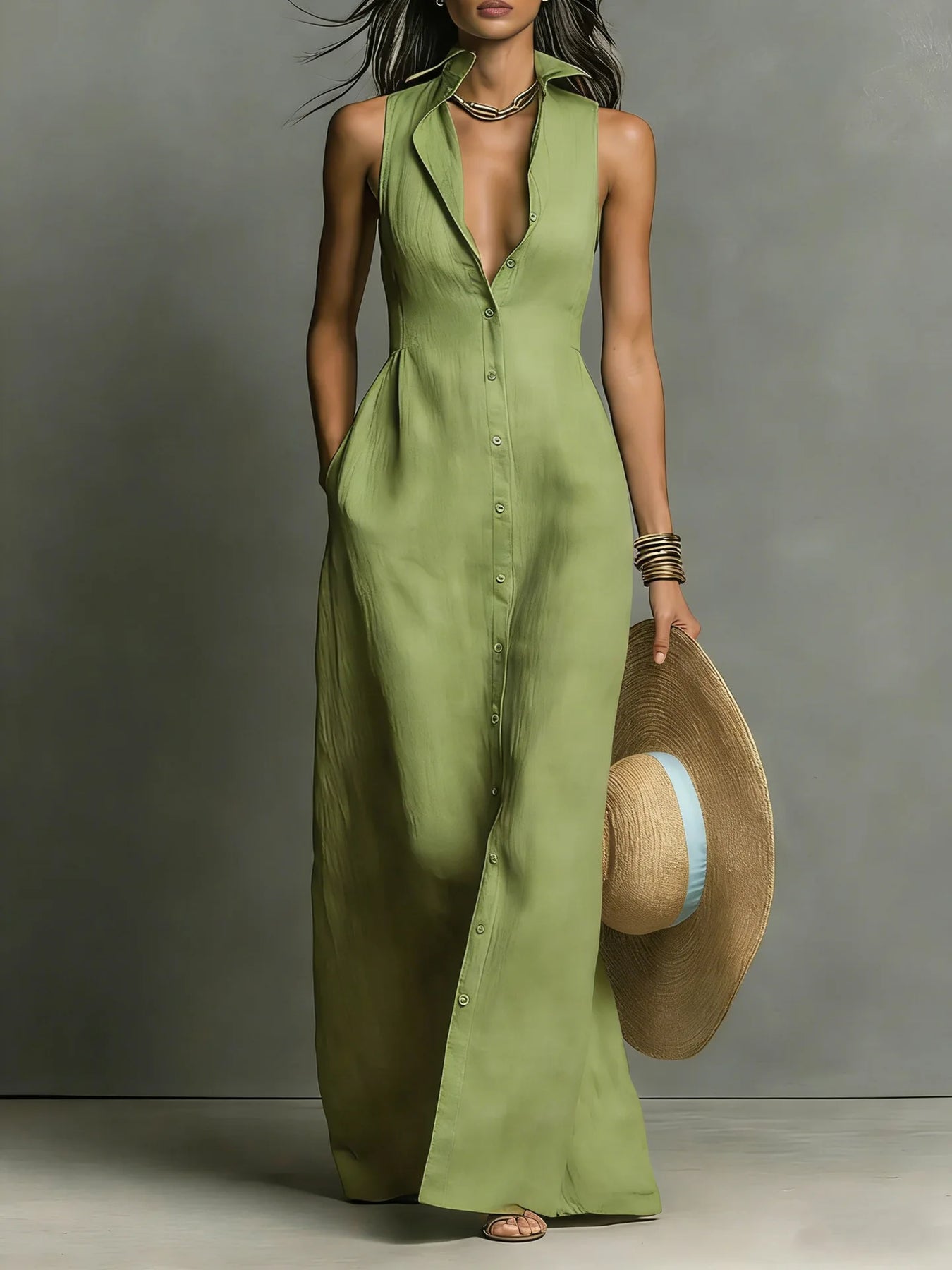 Matilda | Women's Button-Front Sleeveless V Neck Shirt Maxi Dress