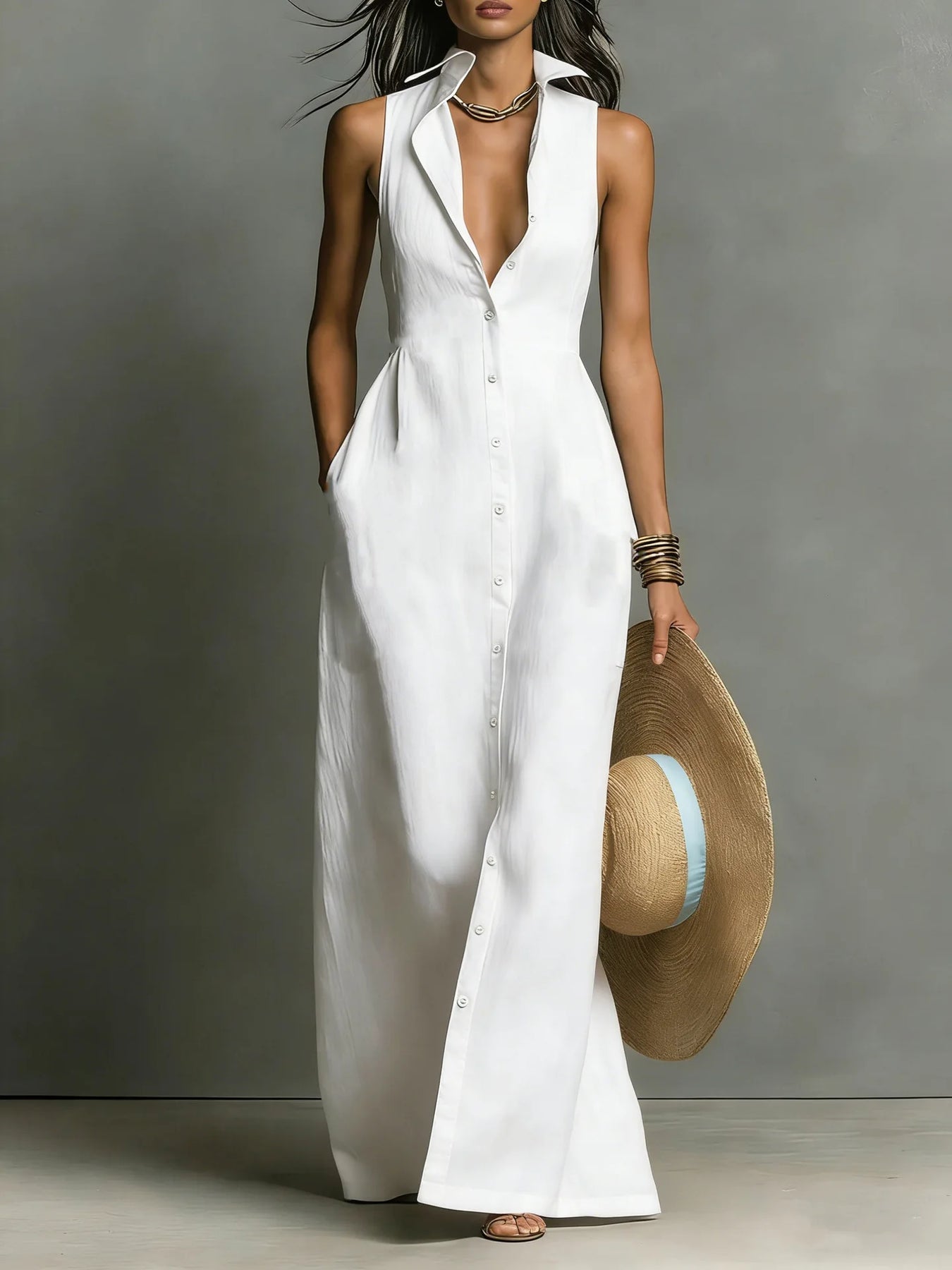 Matilda | Women's Button-Front Sleeveless V Neck Shirt Maxi Dress
