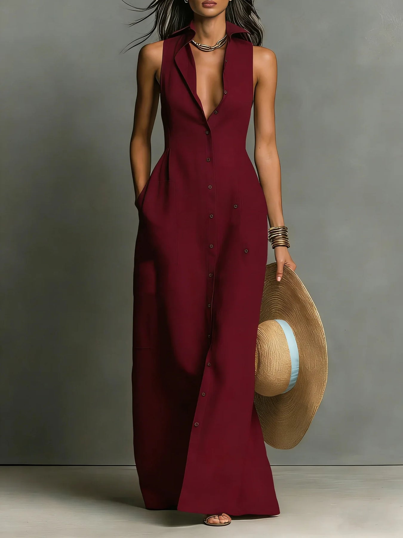 Matilda | Women's Button-Front Sleeveless V Neck Shirt Maxi Dress