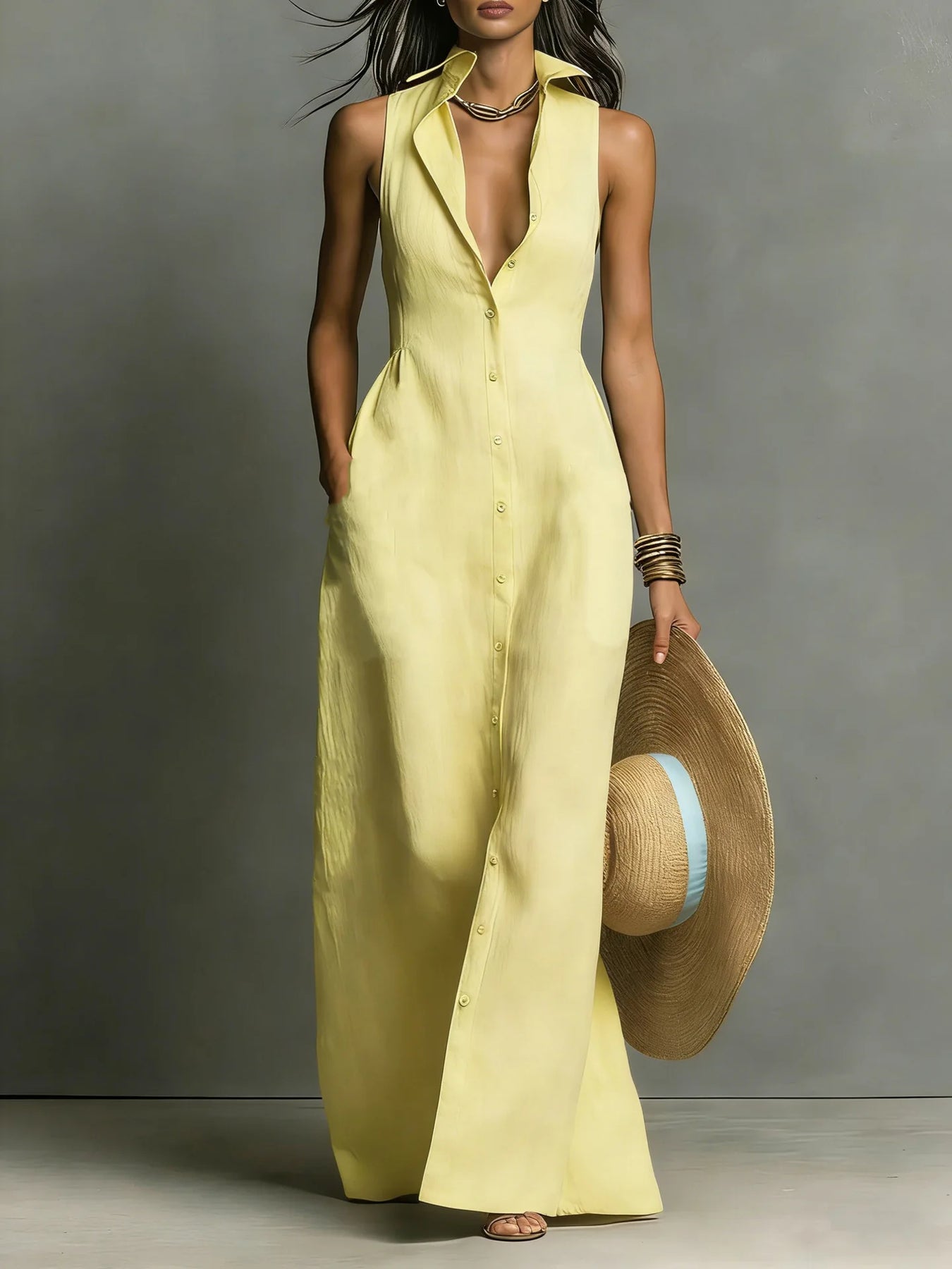 Matilda | Women's Button-Front Sleeveless V Neck Shirt Maxi Dress