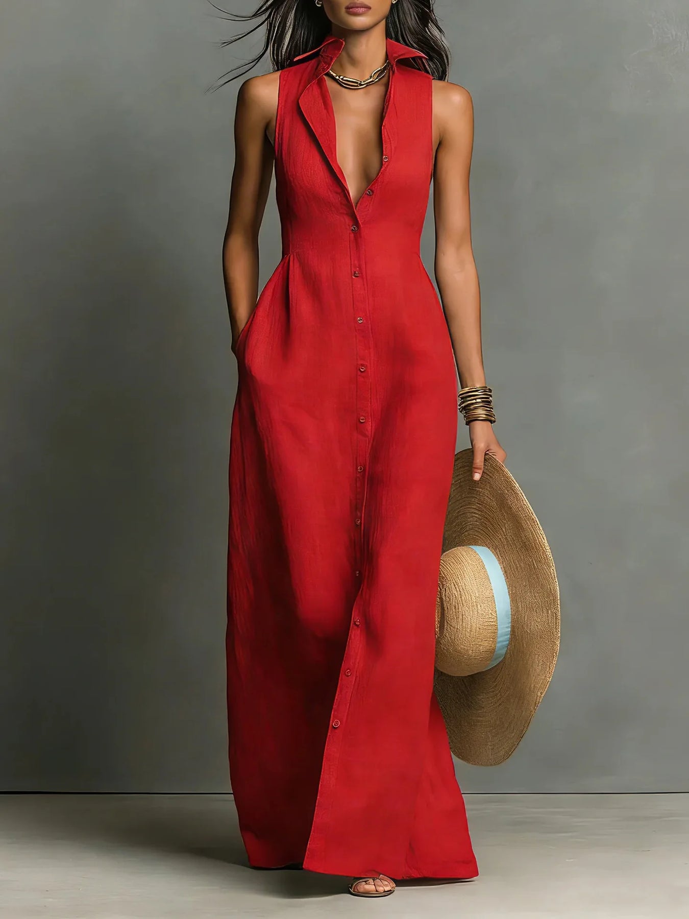 Matilda | Women's Button-Front Sleeveless V Neck Shirt Maxi Dress