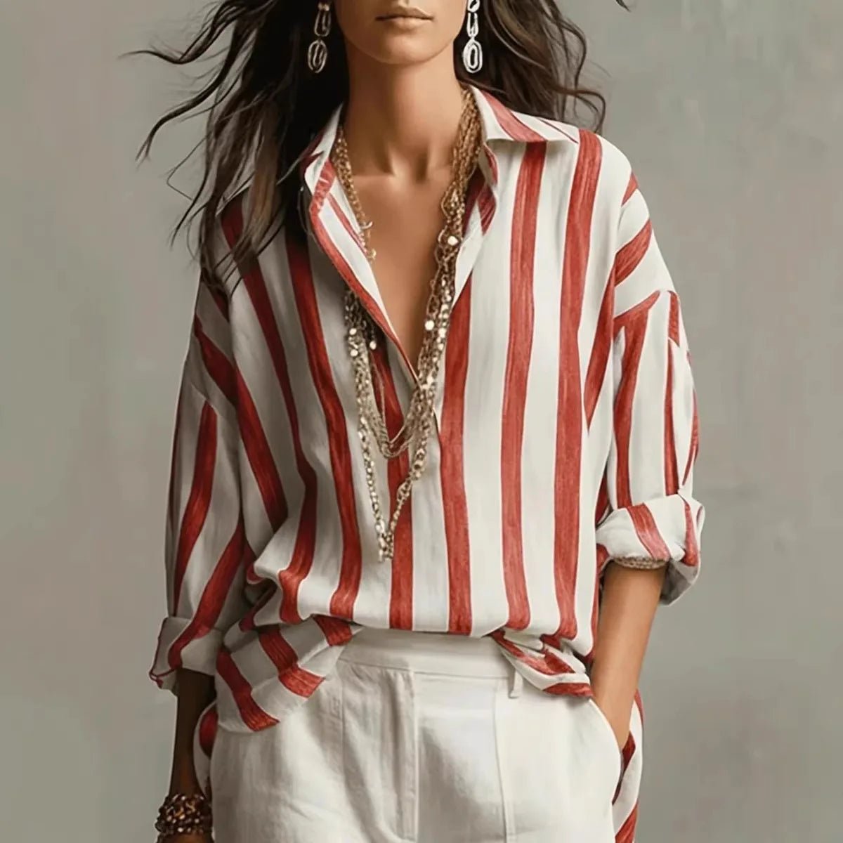 Maxine | Women's Button-Front V Neck Striped Shirt