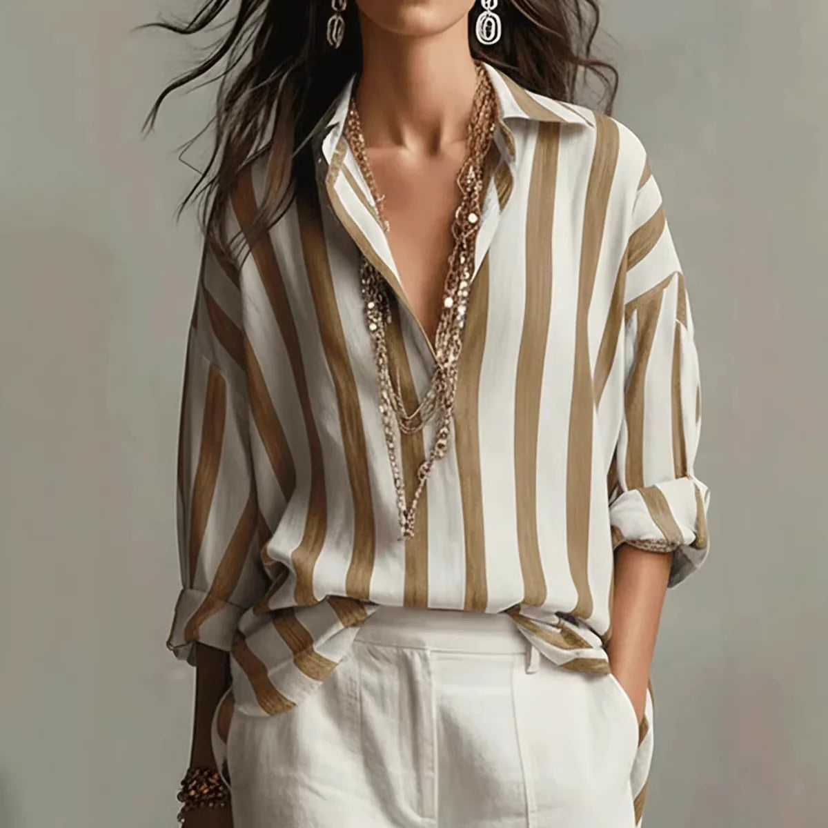 Maxine | Women's Button-Front V Neck Striped Shirt
