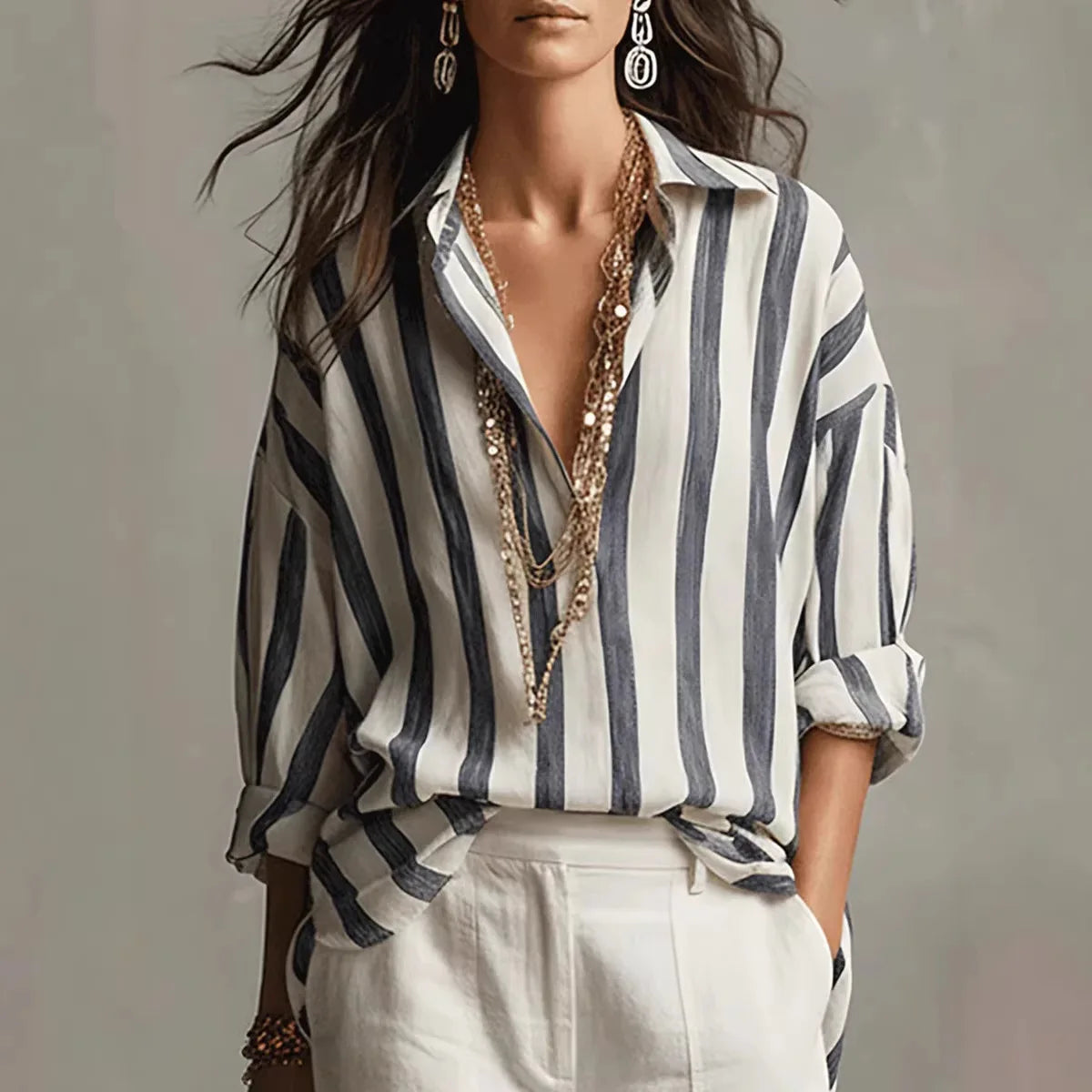 Maxine | Women's Button-Front V Neck Striped Shirt