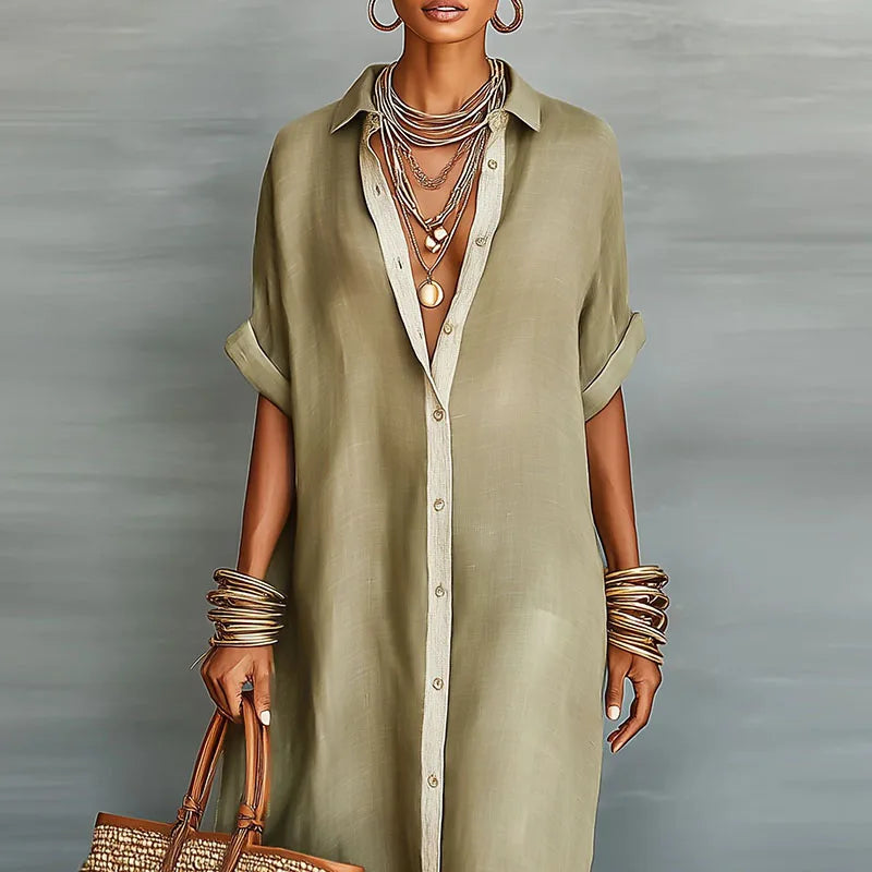 Maya | Women's Pointed Collar V Neck Button Front Shirt Maxi Dress