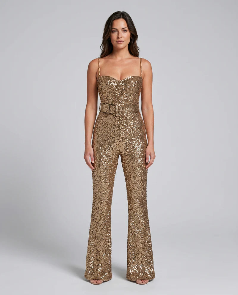 Meagan | Women's Sweetheart Neckline Sequin Flared Leg Jumpsuit