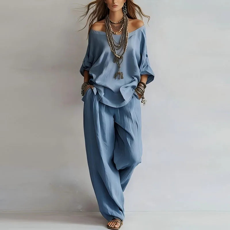 Meghan | Women's Flowy Off Shoulder Wide Leg Two Piece Set