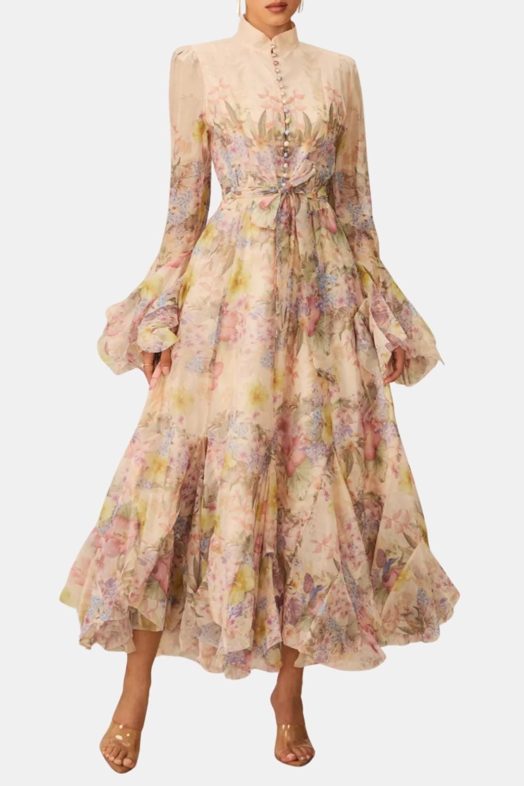 Meredith | Women's Floral Print Long Sleeve Ruffle High Neck Maxi Dress