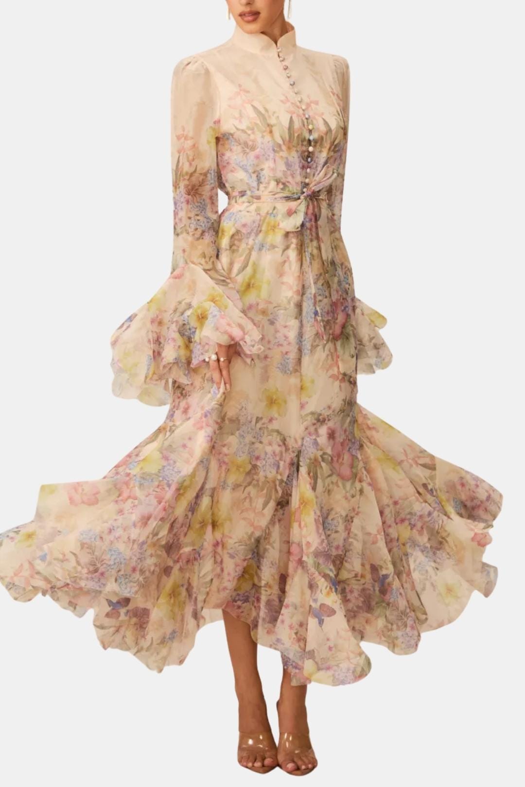 Meredith | Women's Floral Print Long Sleeve Ruffle High Neck Maxi Dress