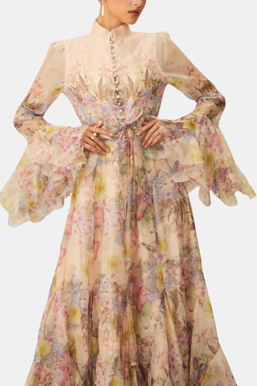 Meredith | Women's Floral Print Long Sleeve Ruffle High Neck Maxi Dress