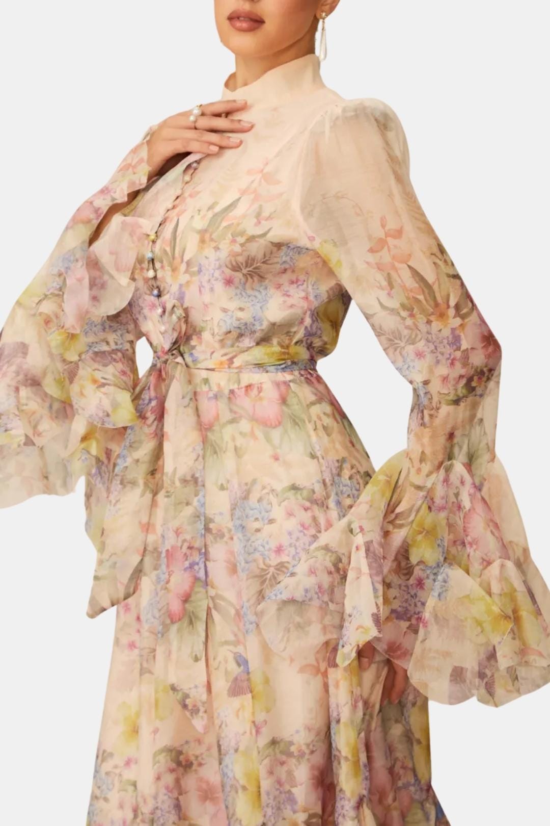Meredith | Women's Floral Print Long Sleeve Ruffle High Neck Maxi Dress