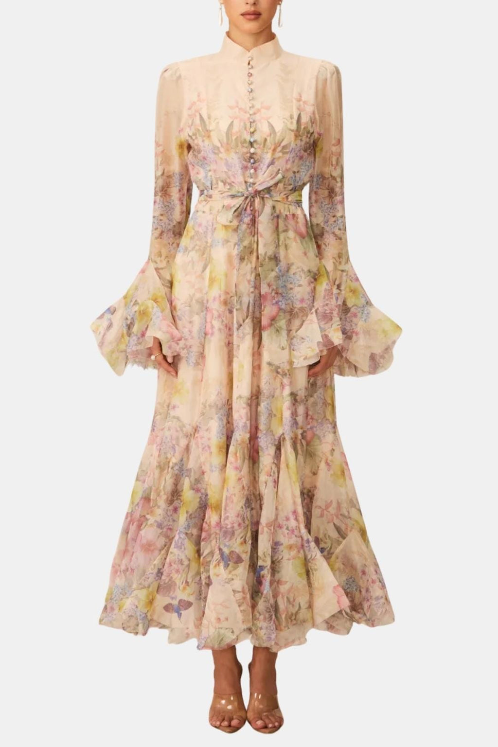Meredith | Women's Floral Print Long Sleeve Ruffle High Neck Maxi Dress