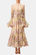 Meredith | Women's Floral Print Long Sleeve Ruffle High Neck Maxi Dress