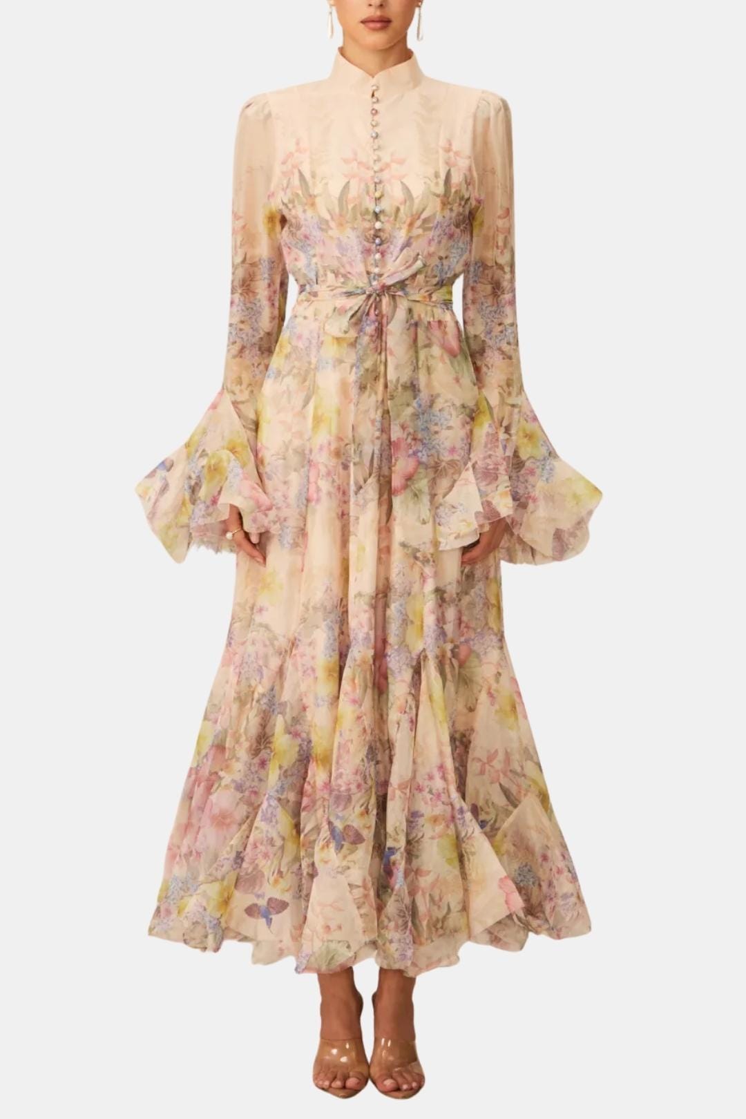 Meredith | Women's Floral Print Long Sleeve Ruffle High Neck Maxi Dress