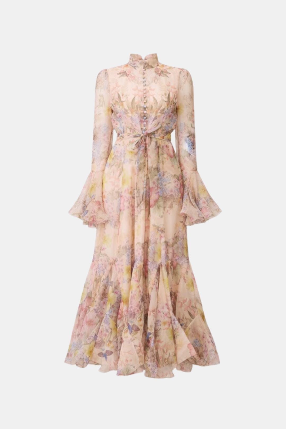 Meredith | Women's Floral Print Long Sleeve Ruffle High Neck Maxi Dress